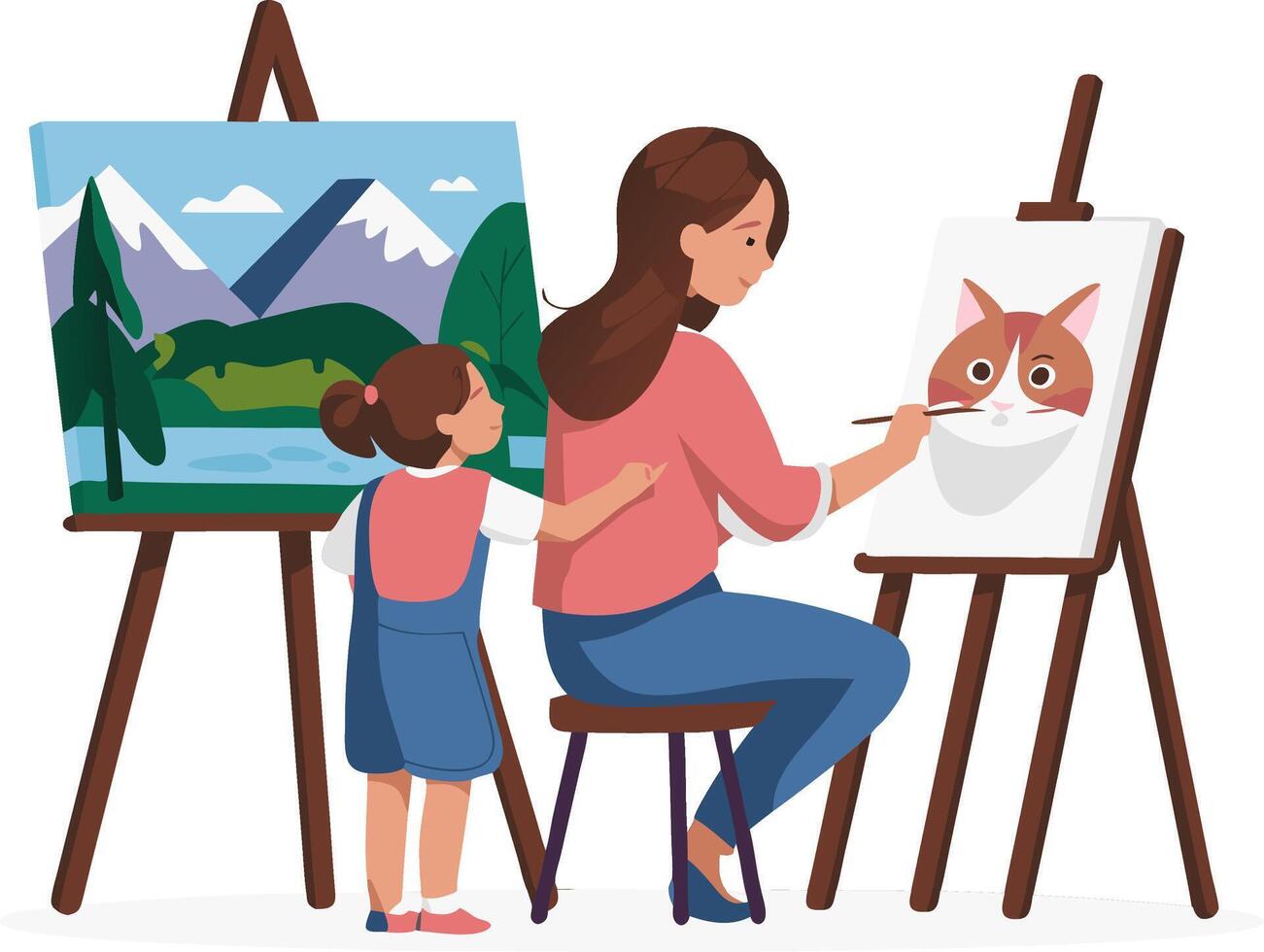 Mother and Daughter Painting Together Art Easel Creative Hobby Family Bonding vector