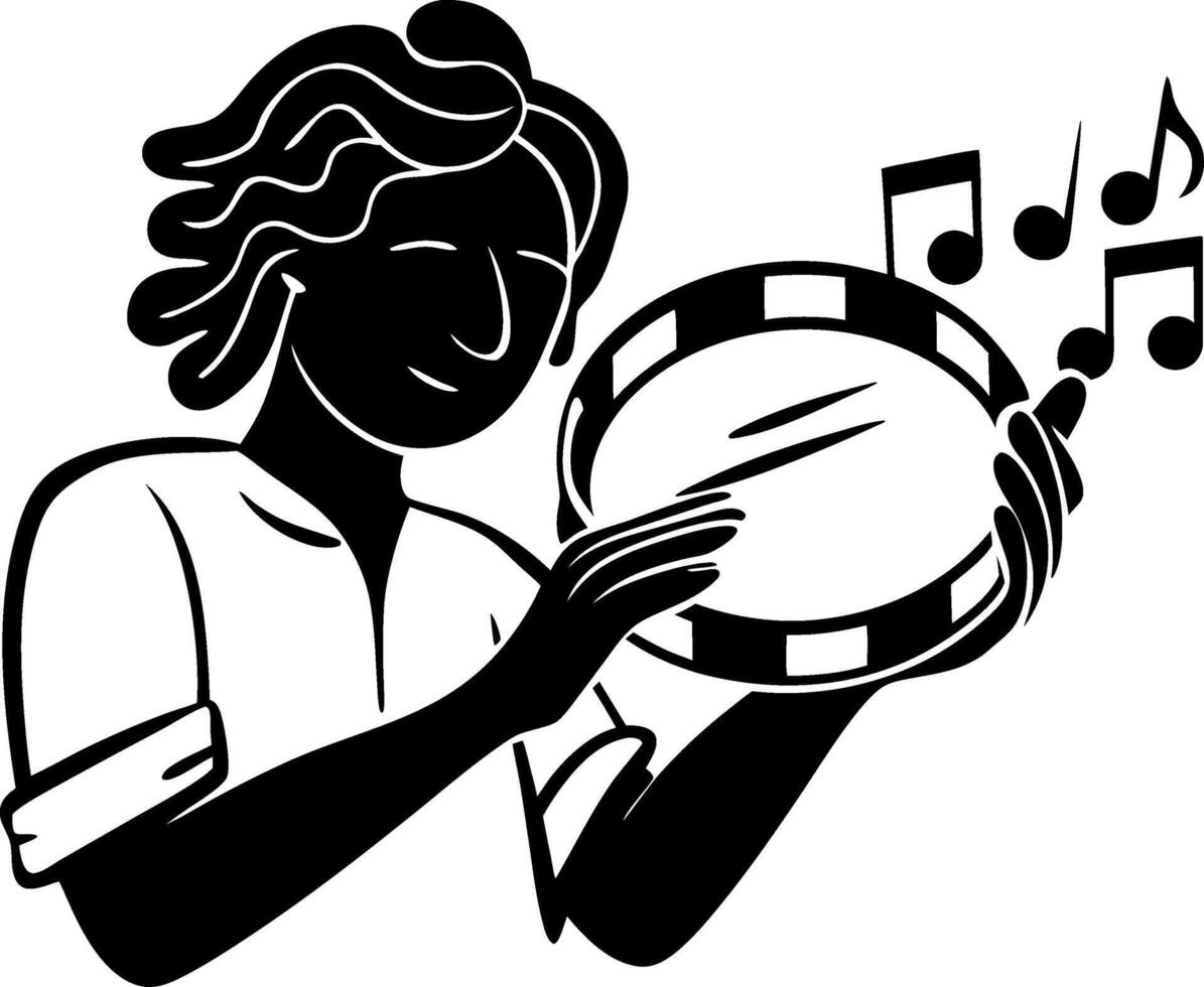Musician Playing Tambourine Illustration Musical Notes Art vector