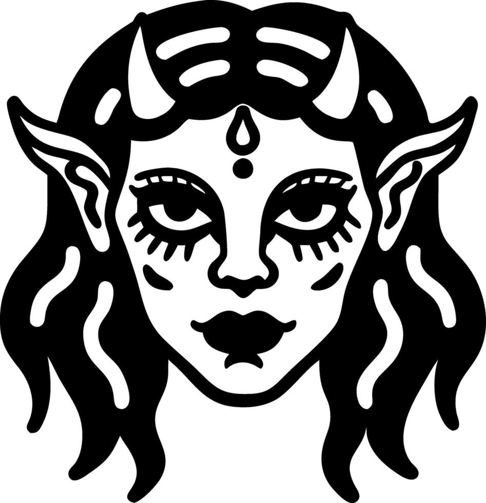 Mysterious Horned Female Elf Face Design for Tattoos and Coloring Books vector