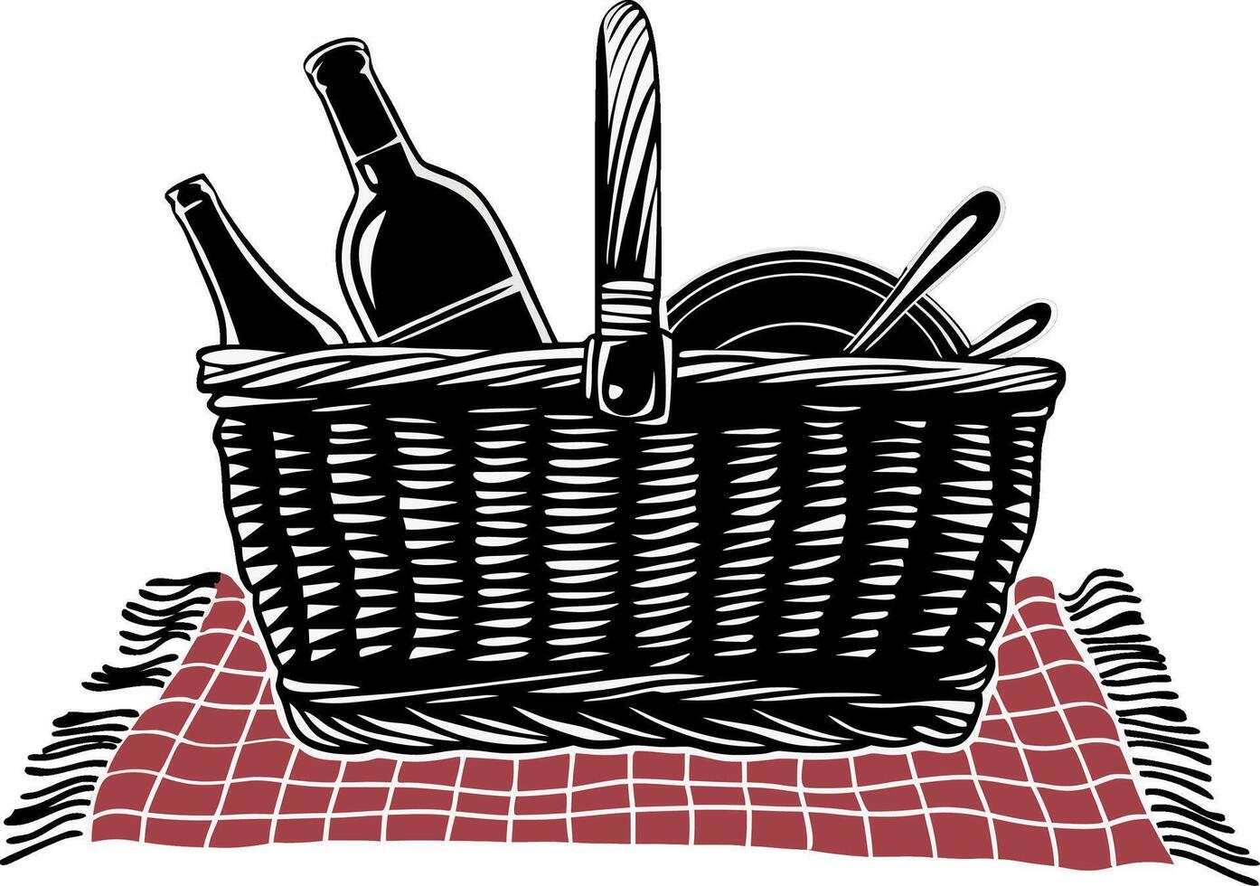 Picnic Basket with Wine Bottles and Dishes on Red Checkered Blanket Illustration vector