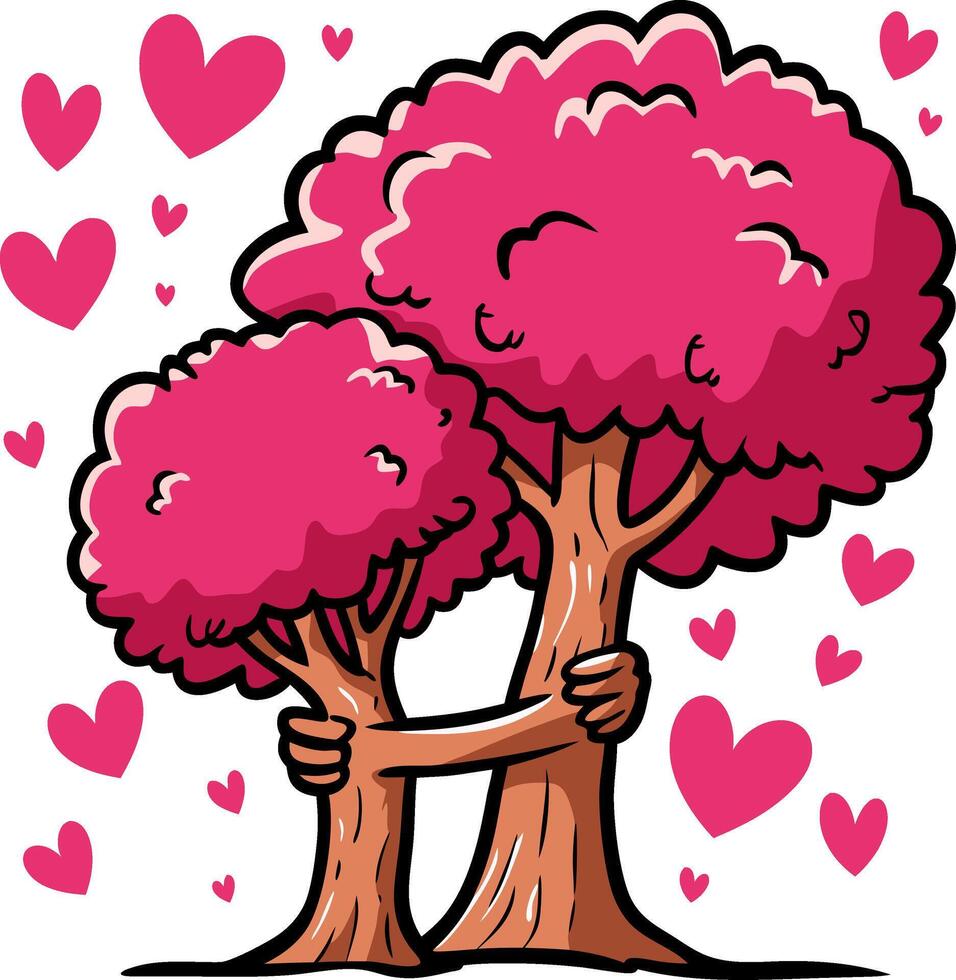 Pink Trees Hugging Love Illustration with Hearts for Valentine's Day and Romantic Design vector