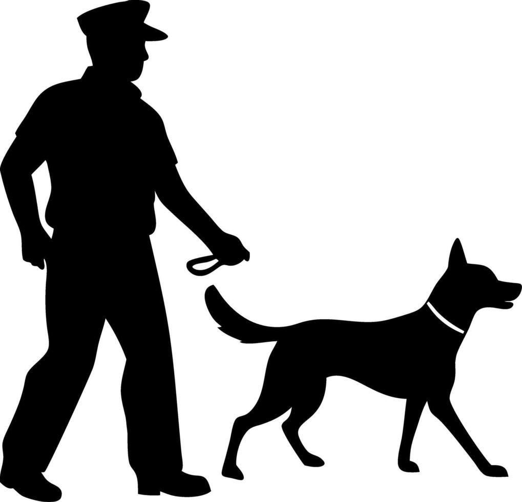 Police Officer Walking Dog Silhouette for Law Enforcement and Safety Design Projects vector