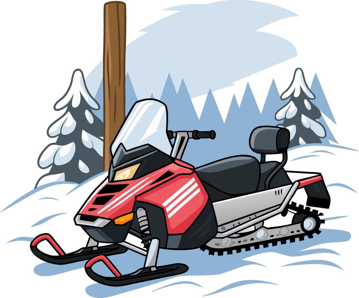 Red Snowmobile Winter Landscape with Snowy Trees and Mountain vector
