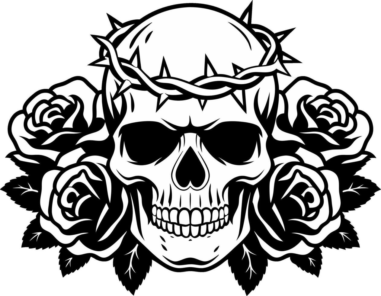 Skull with Thorn Crown and Roses Art for Tattoo or Gothic Design vector
