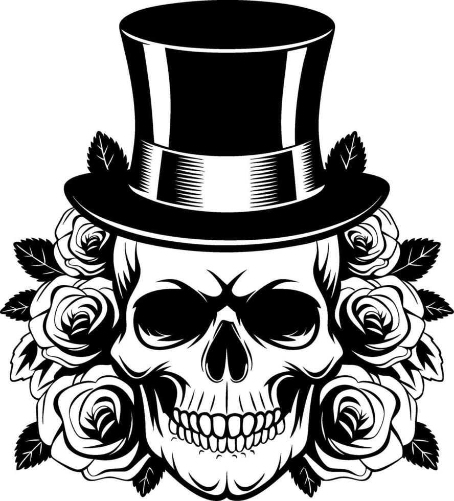 Skull with Top Hat and Roses Art for Tattoo and Design vector
