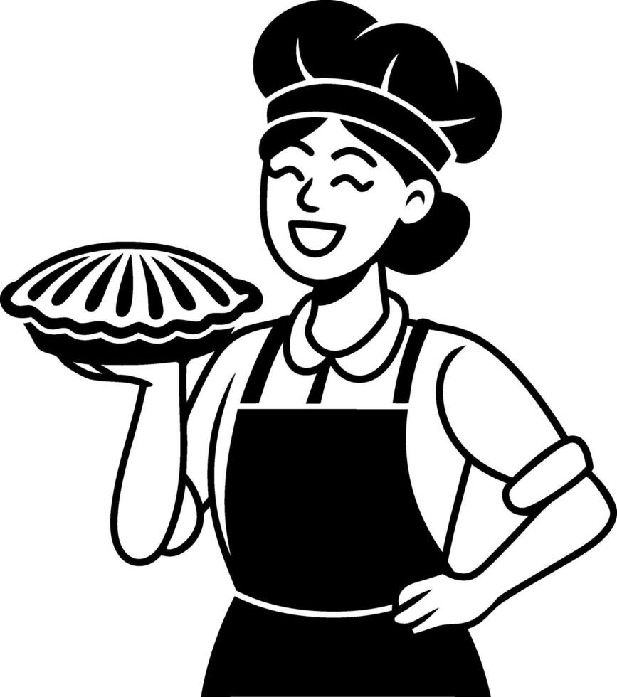 Smiling Cartoon Baker Woman Holding Fresh Pie in Chef Hat and Apron Illustration vector