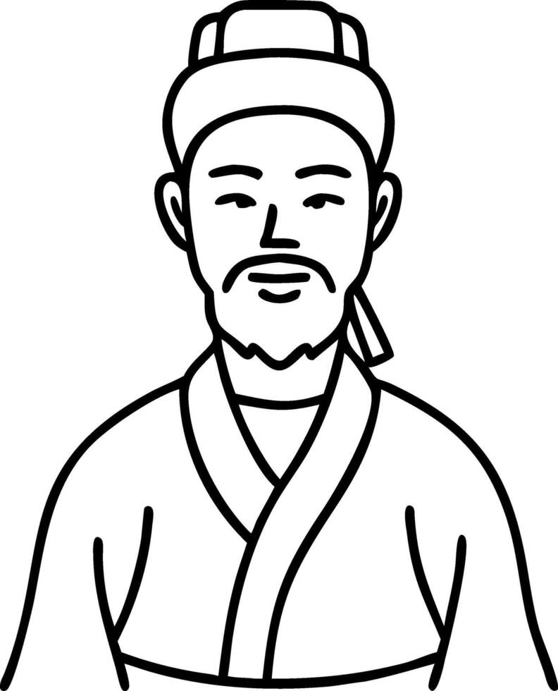 Traditional Asian Man Line Art Portrait for Cultural Illustrations vector