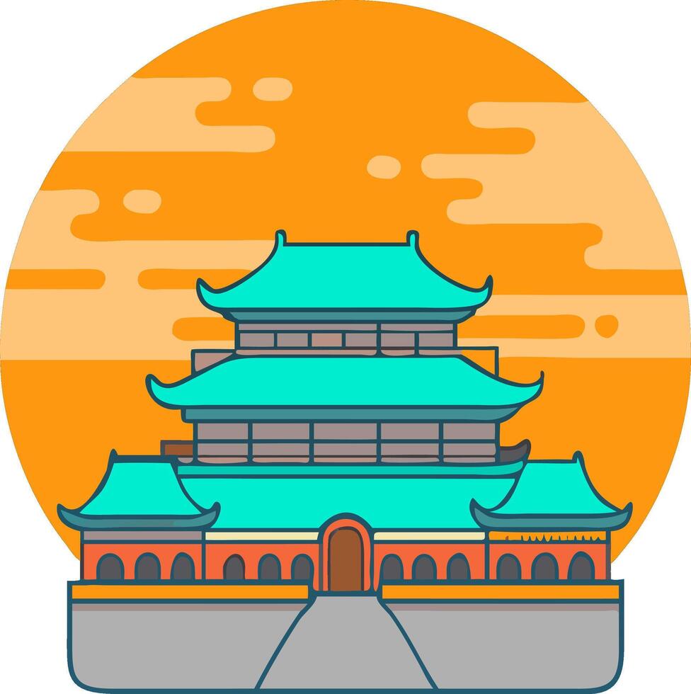 Traditional Asian Pagoda Illustration with Vibrant Sunset Background Art vector