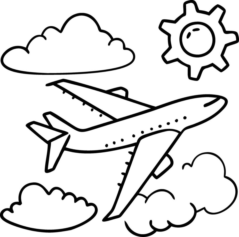 Airplane Flying in Sky with Clouds and Sun for Travel Illustration vector