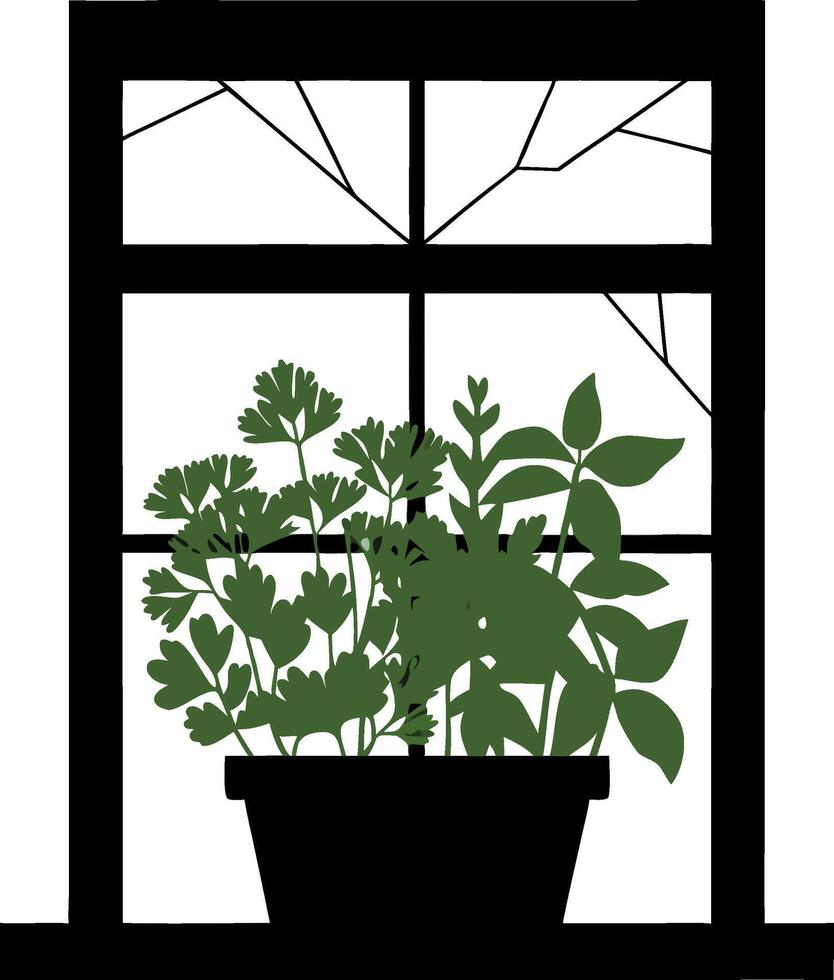 Illustration Potted Herb Plants on Window Silhouette for Decoration and Design vector