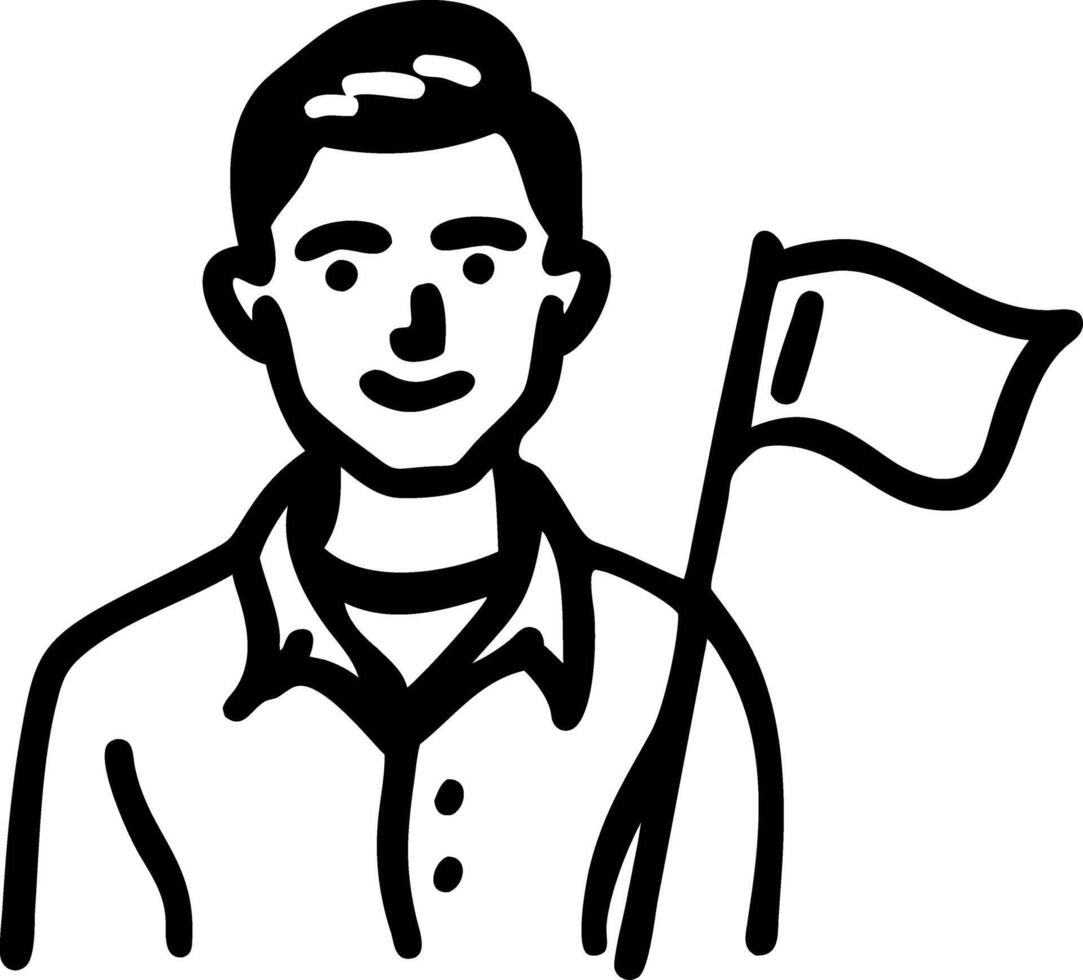 Illustration Smiling Man Holding Flag Simple Black Line Art vector
