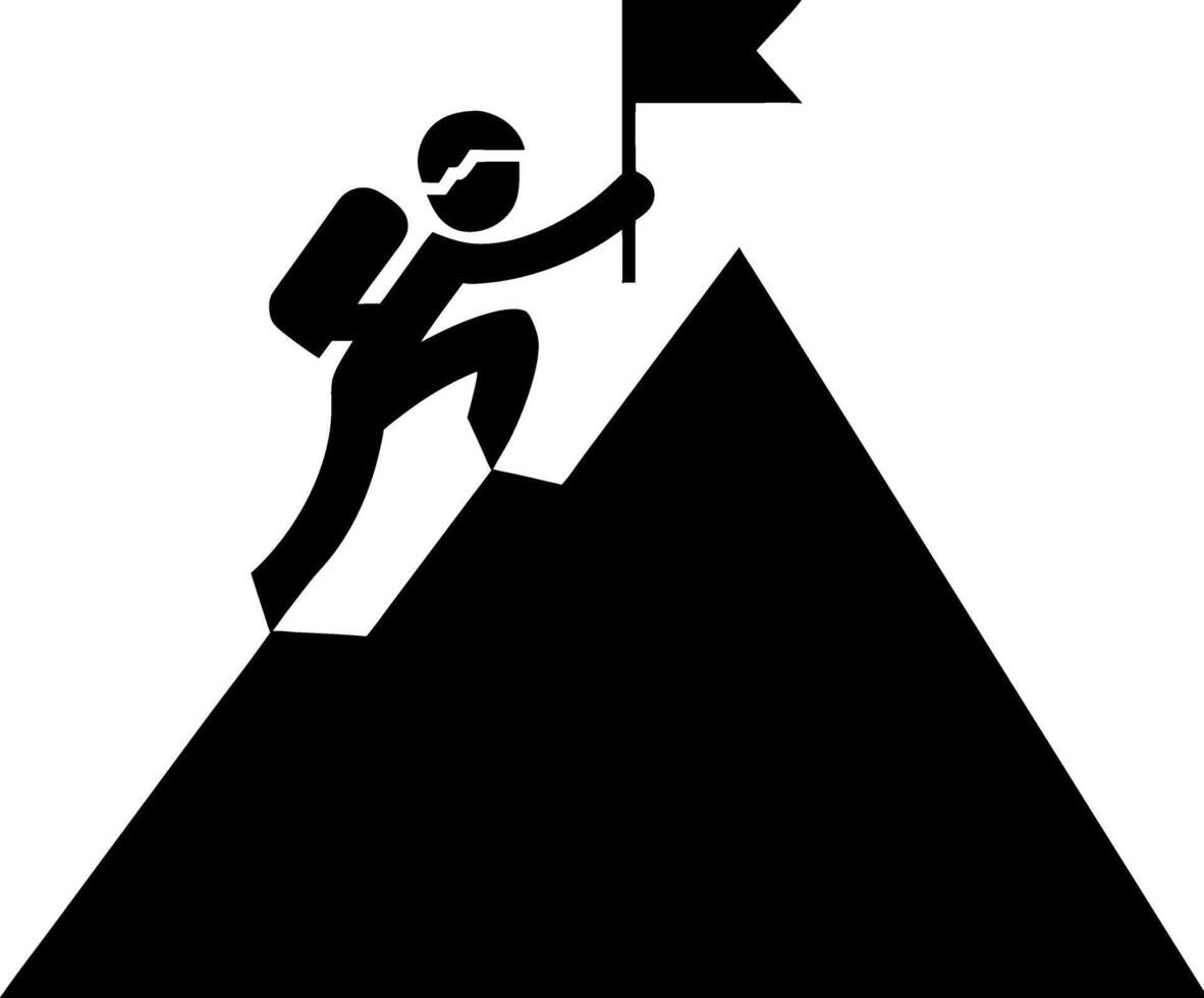 Silhouette Figure Climbing Mountain Reaching Summit with Flag Symbolizing Achievement vector