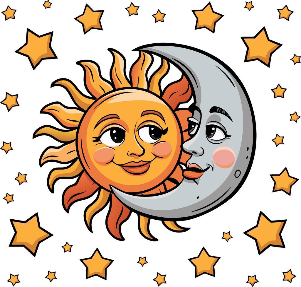 Whimsical Sun and Moon Illustration with Stars Celestial Art vector