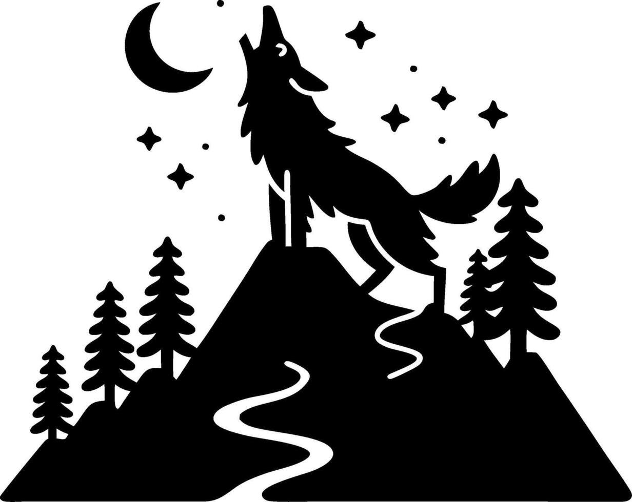 Wolf Howling on Mountain Silhouette Under Moonlit Night with Stars and Pine Trees vector