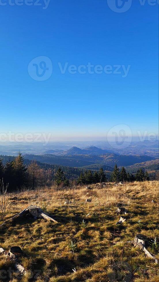 Autumn in the mountains, autumn mountains, view from the top of the mountain. Sudetes, Poland photo