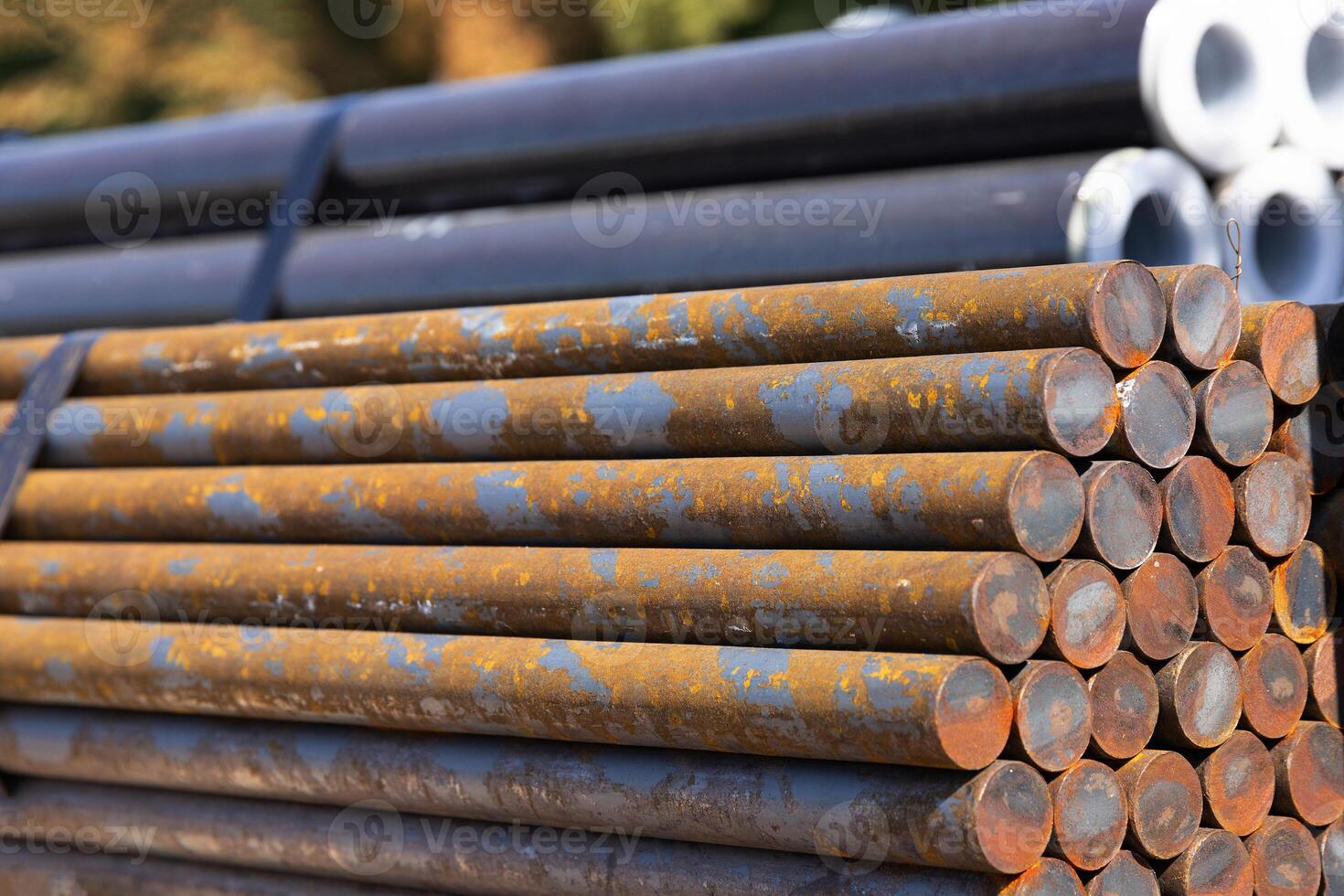 Steel reinforcement bars stacked in a stack. Copy space photo