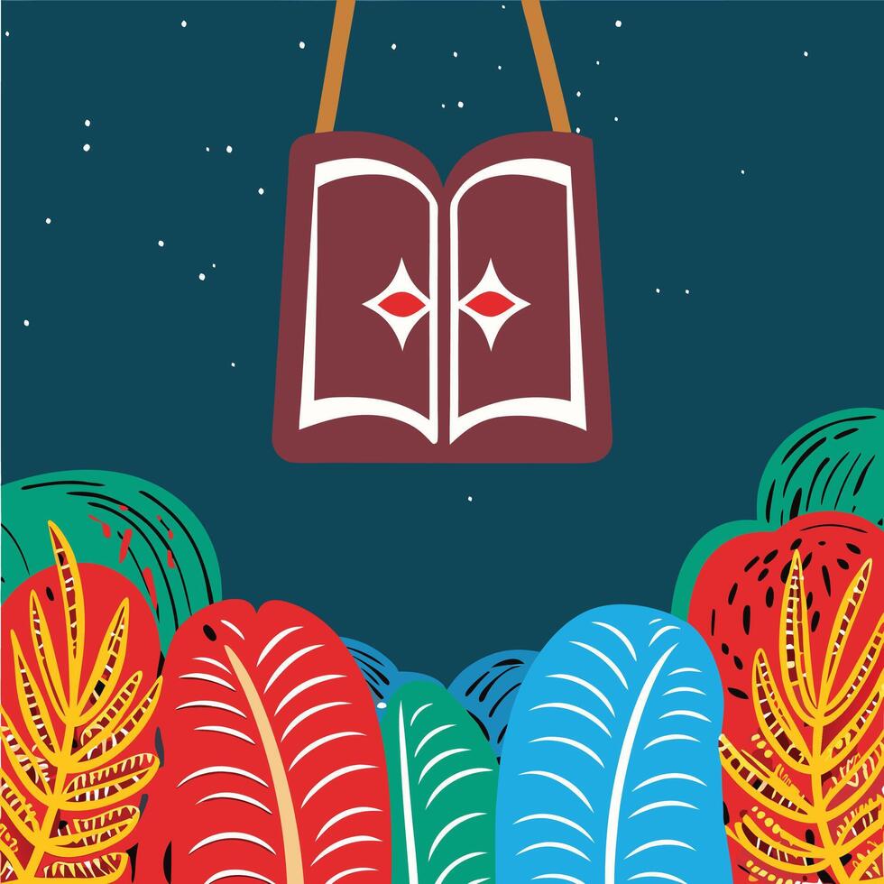 Open Book Hanging in Night Sky Above Colorful Leaves vector