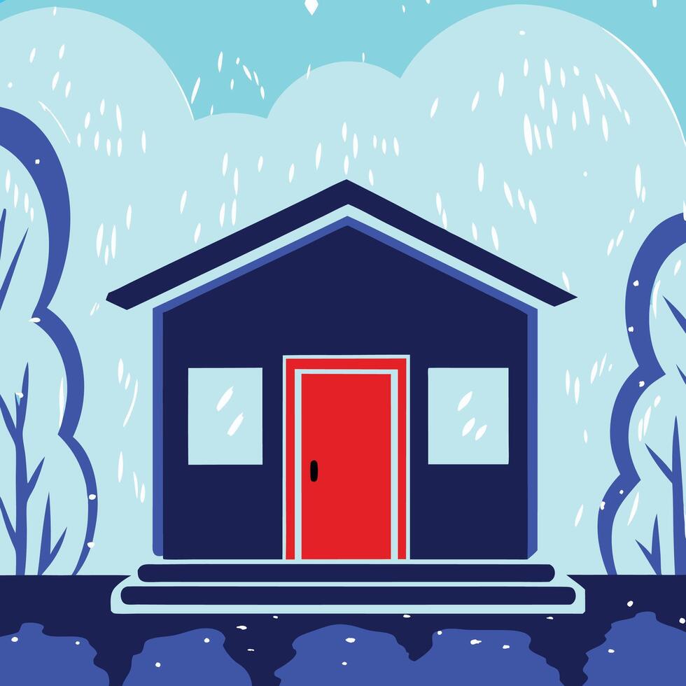 Winter House Scene Snowy Landscape with Red Door vector