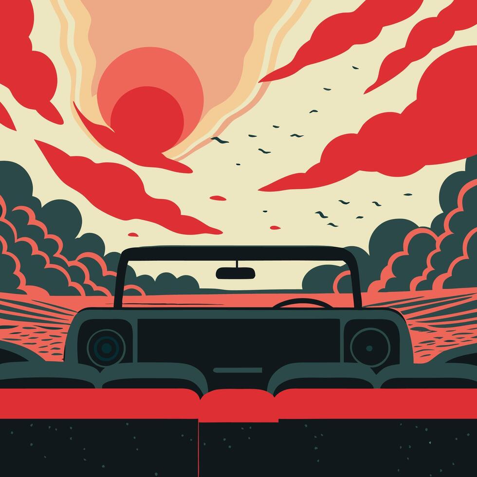 Sunset Road Trip Abstract Car and Scenic View vector