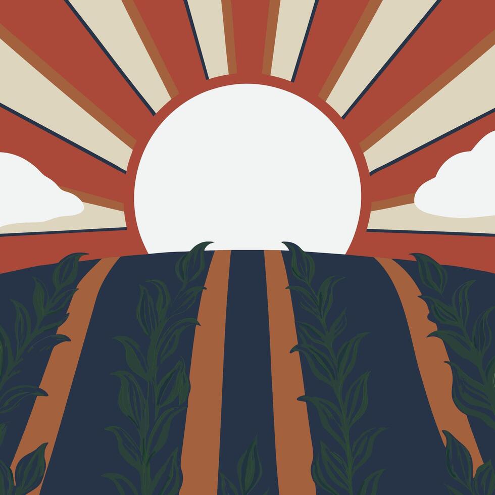 Sunset over a Field of Crops vector