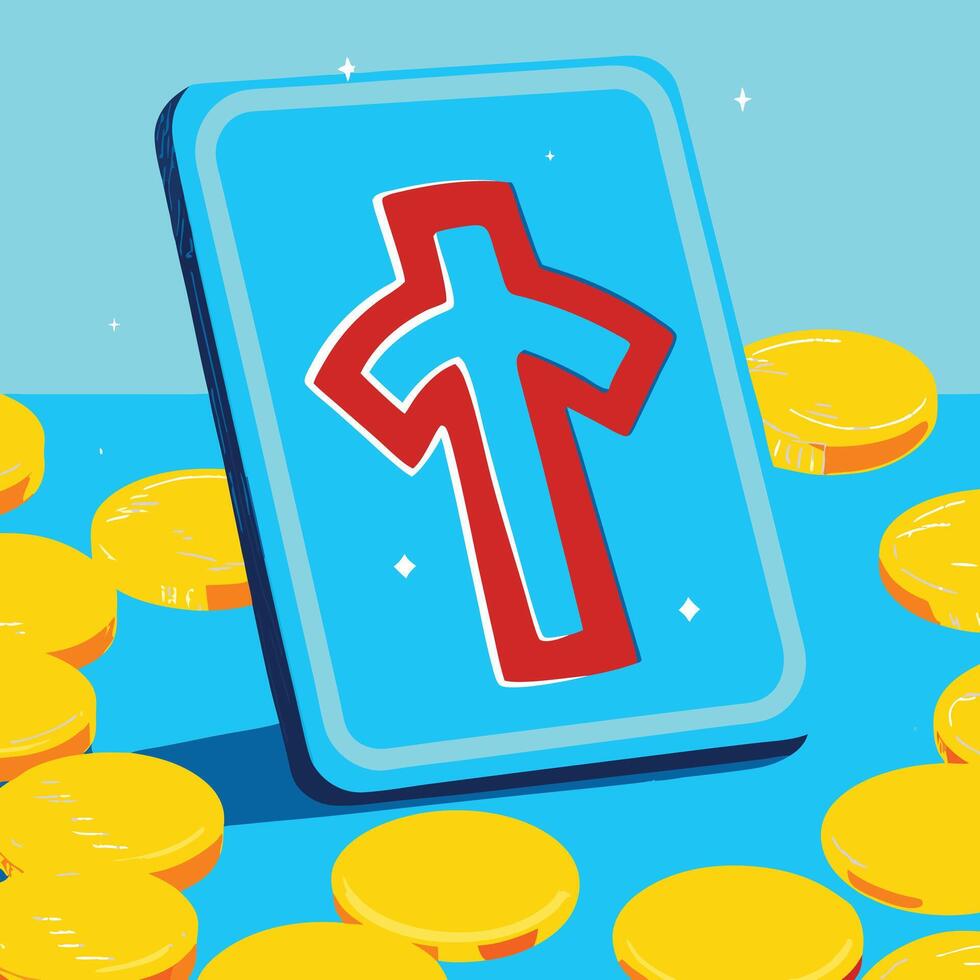 Digital Cross Icon and Gold Coins Prosperity Concept vector