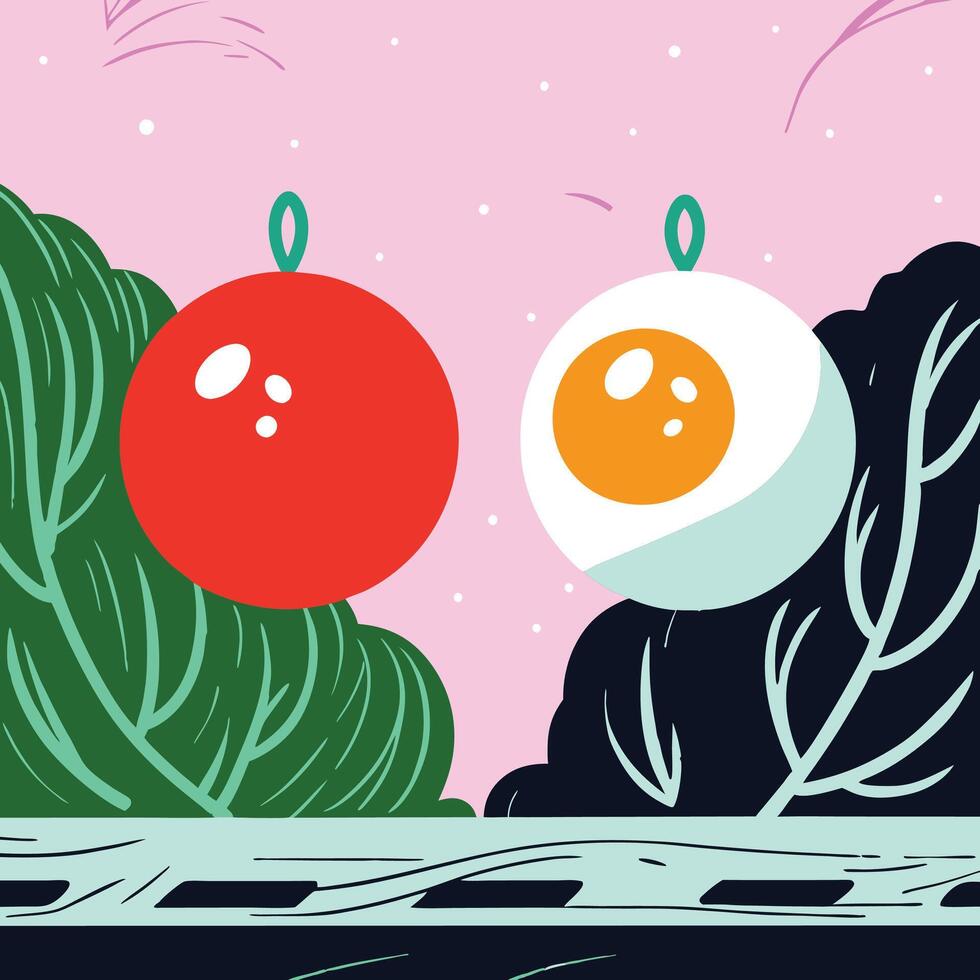 Abstract Festive Ornaments Red and Yellow Circles with Green and Dark Foliage vector