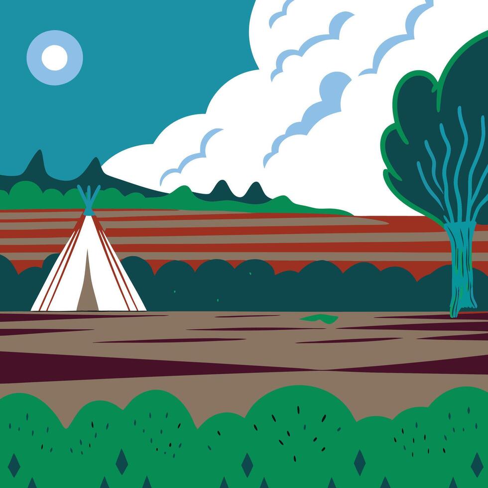Serene Landscape Teepee Under a Cloudy Sky vector