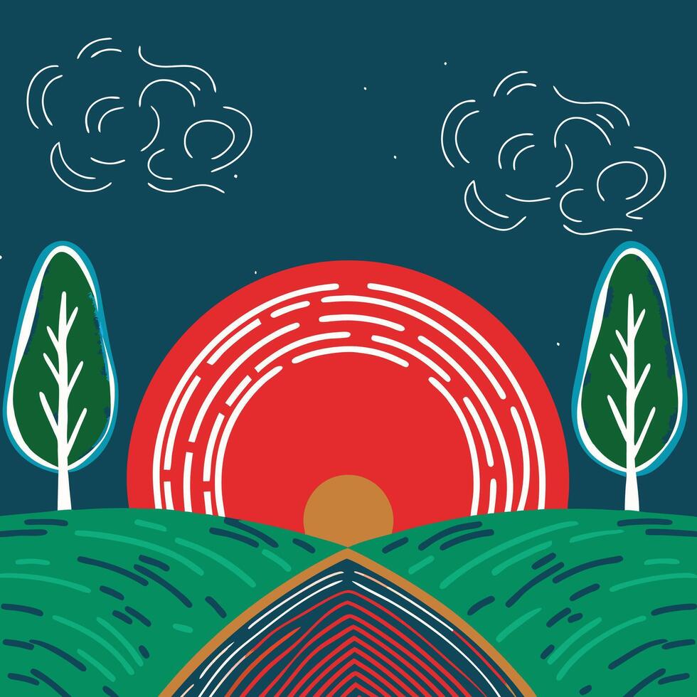 Sunset Landscape Abstract Art with Trees and Hills vector