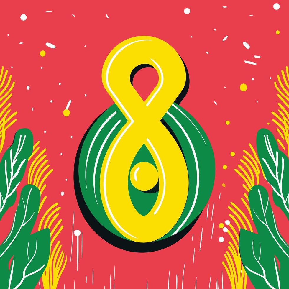 Number Eight Abstract Green and Yellow Design with Tropical Foliage vector