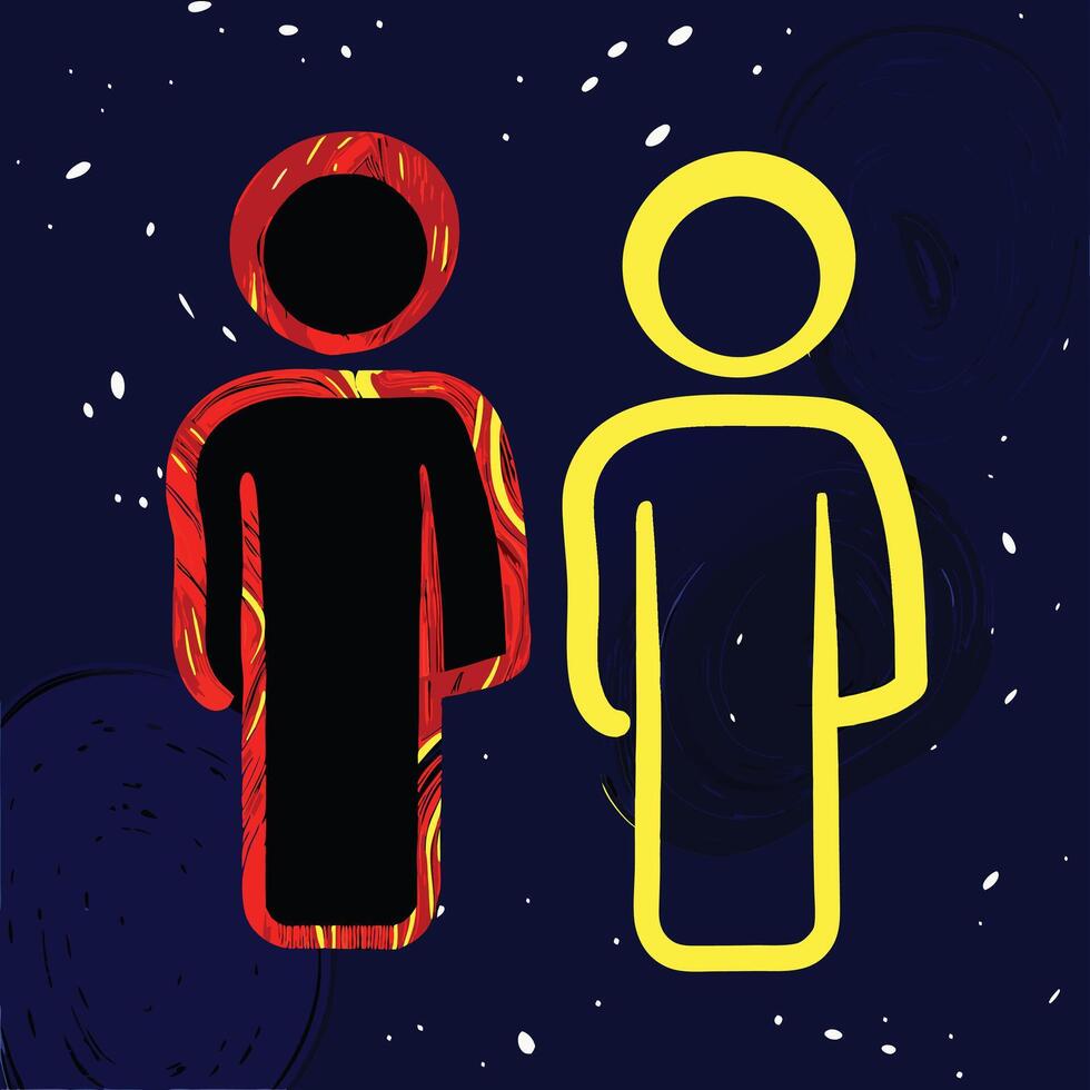 Abstract Cosmic Figures Red and Yellow Humanoid Silhouettes vector
