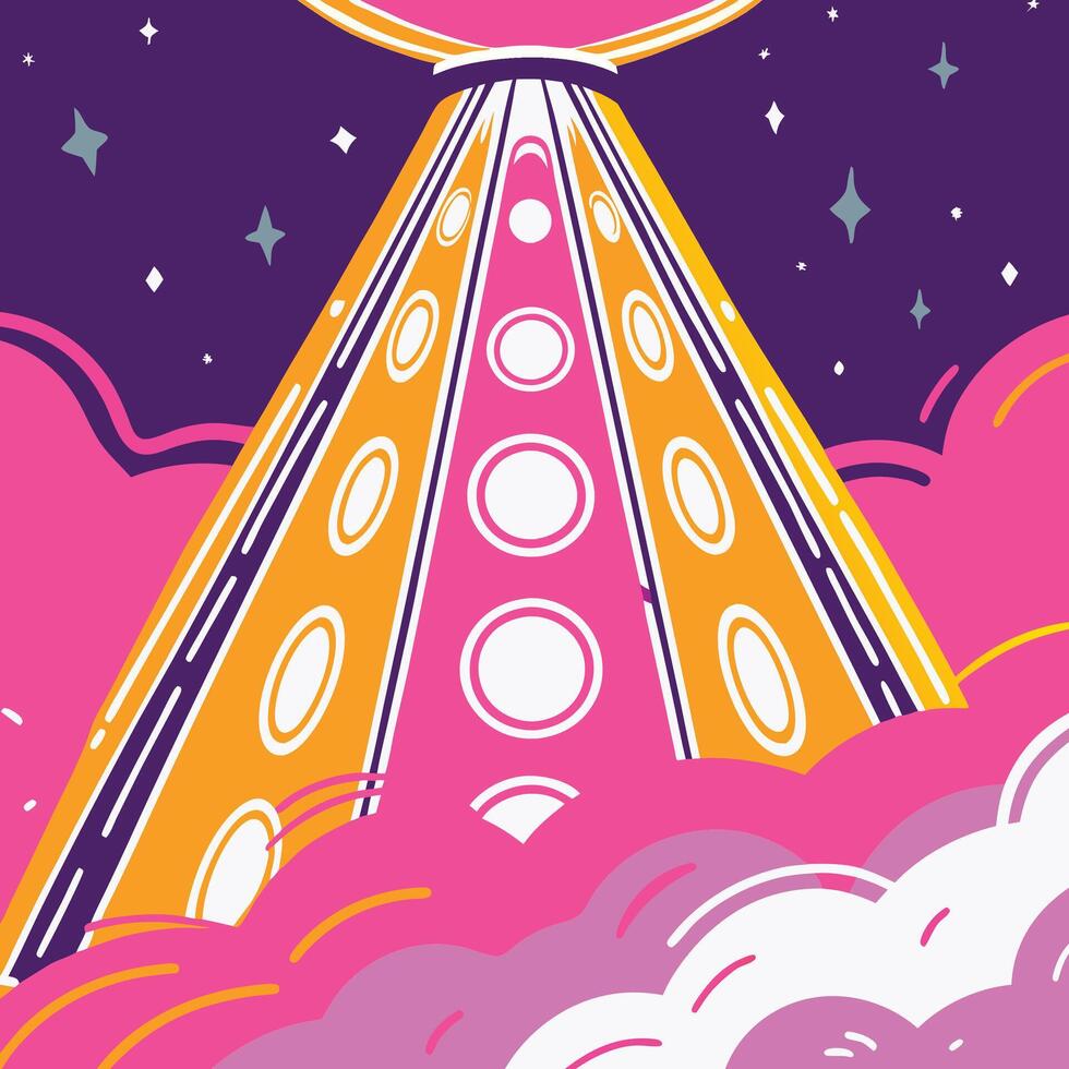 Retro Futuristic Spaceship Descending Through Clouds vector