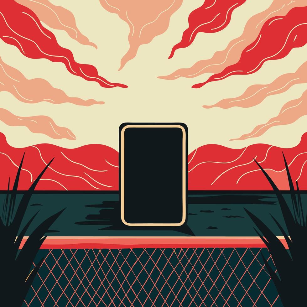 Abstract Sunset Landscape with Geometric Fence vector