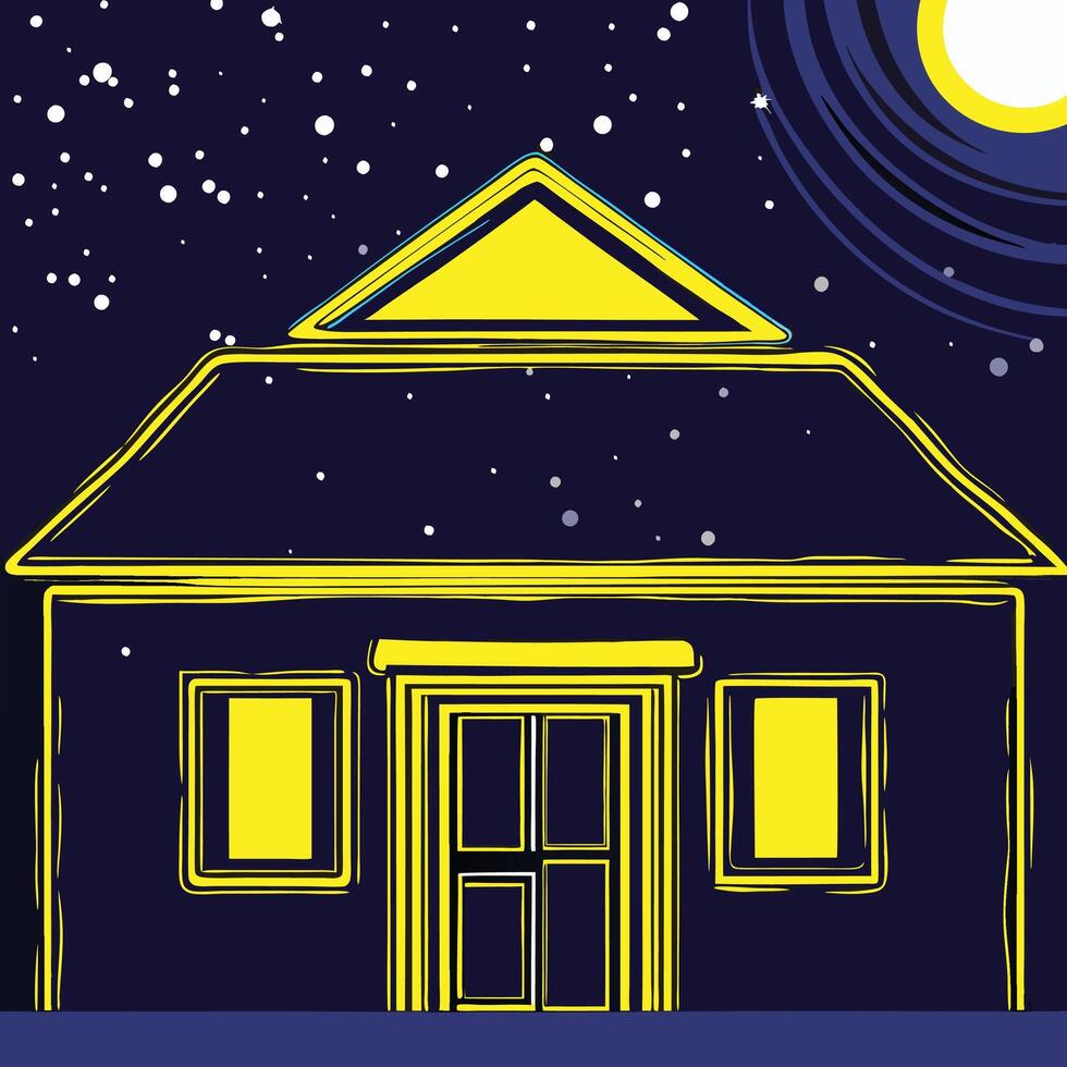 Night House, Yellow Lights, Starry Sky vector