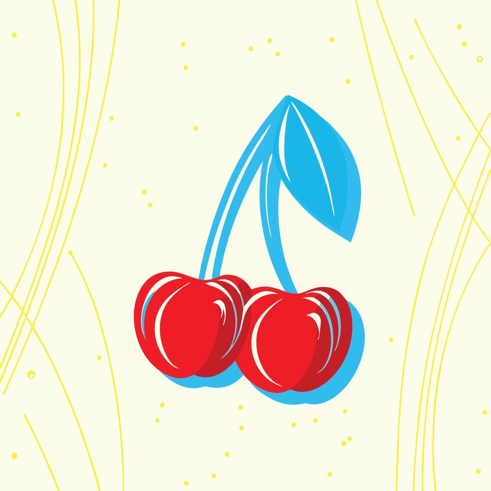 Abstract Cherry Illustration Red Fruit, Blue Stem, Yellow Background vector