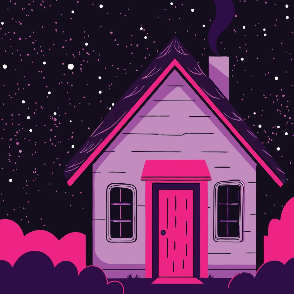 Night House, Purple, Pink, Stars, Cozy Home, Illustration, Digital Art, Glowing, Night Sky vector
