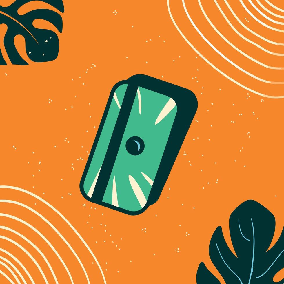 Teal Sharpener on Orange Background with Tropical Leaves vector