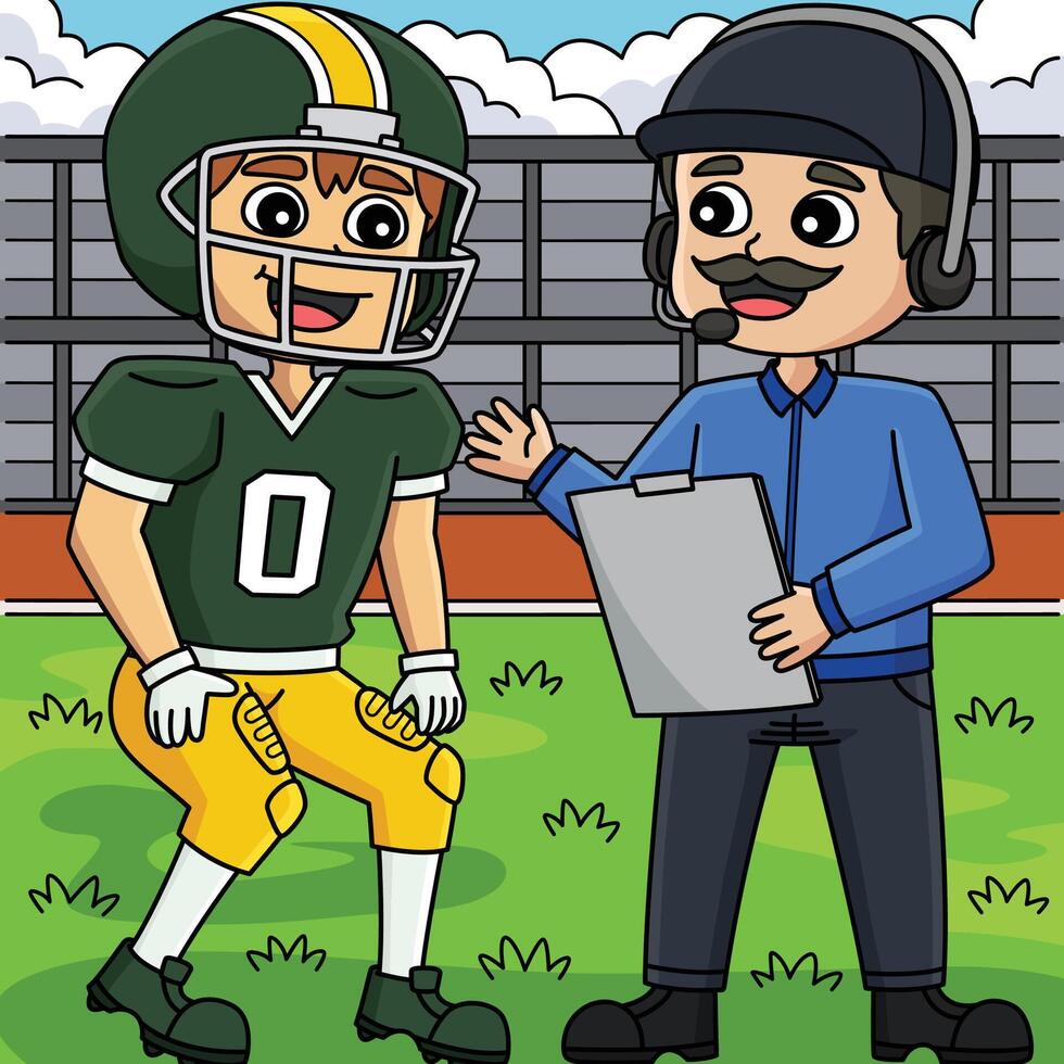 American Football Player and Coach Colored Cartoon vector