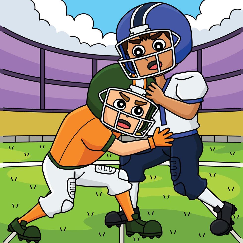 American Football Players Pushing Colored Cartoon vector