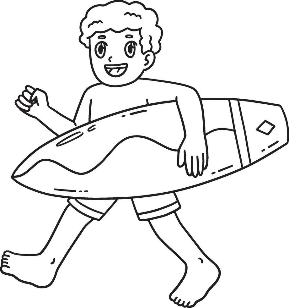 Surfing Boy Carrying a Surfboard Isolated Coloring vector