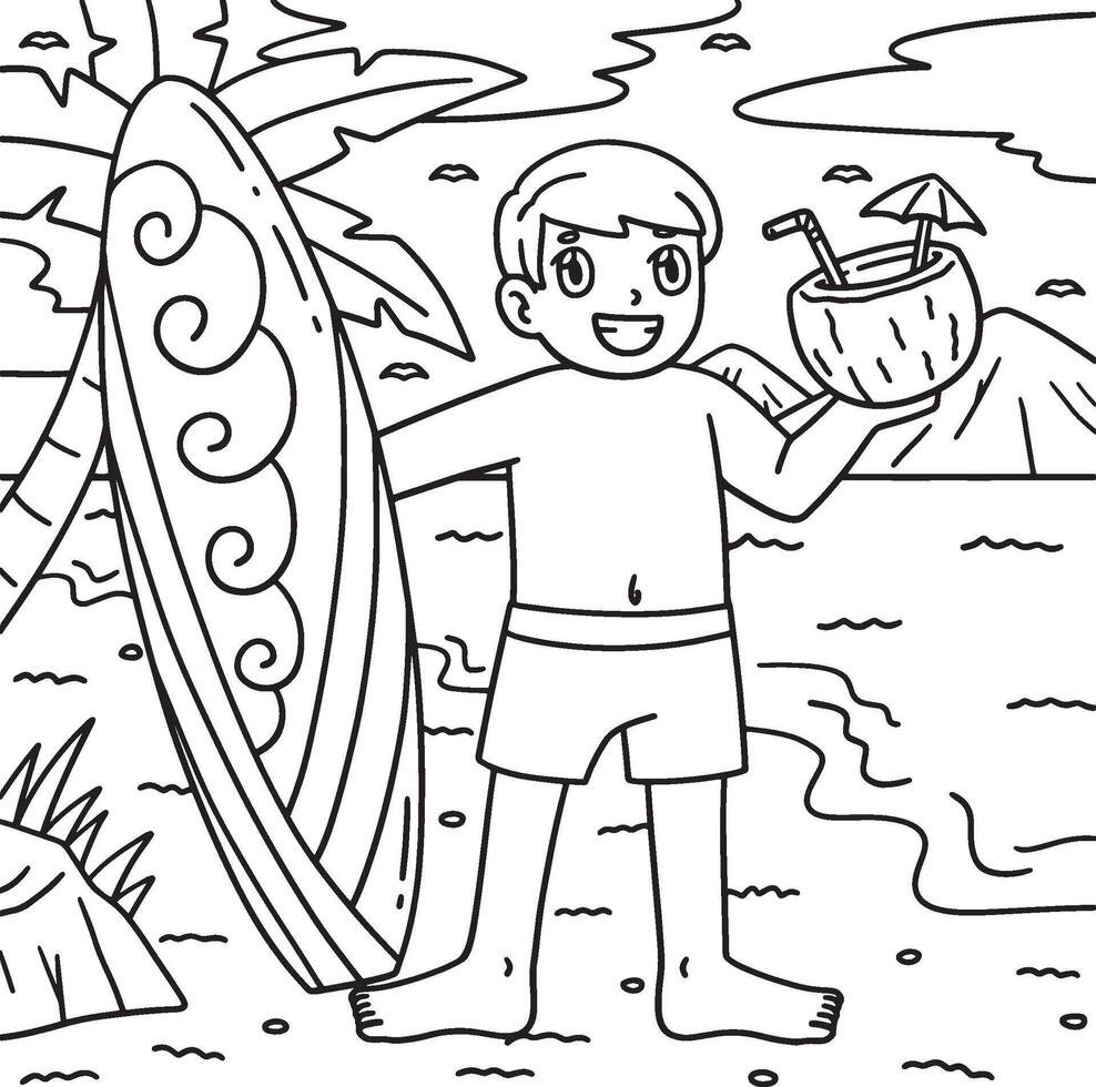 Surfing Boy Surfboard and Tropical Drink Coloring vector