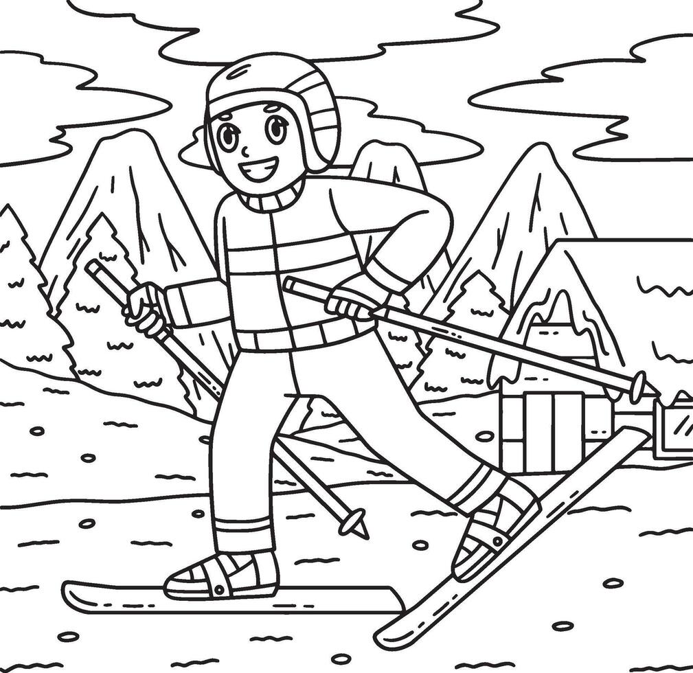 Skiing Boy Walking on Skiboard Coloring Page vector