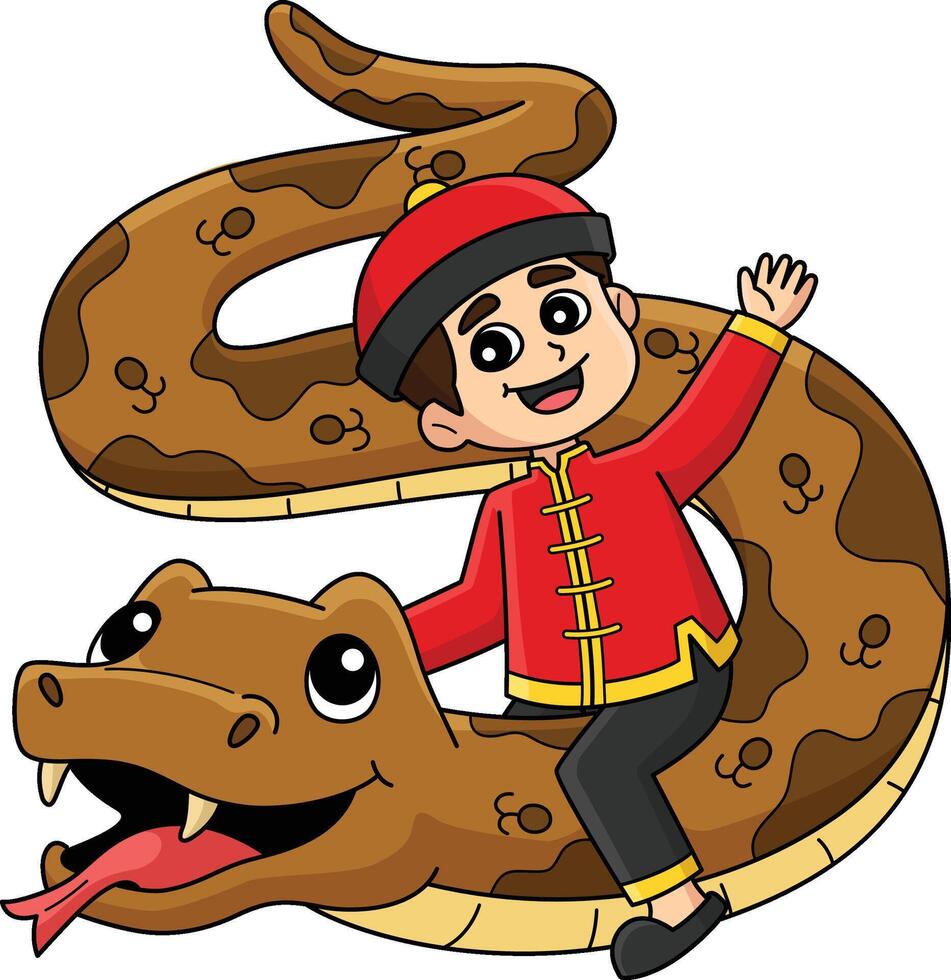 Year of the Snake Chinese Boy Cartoon Clipart vector