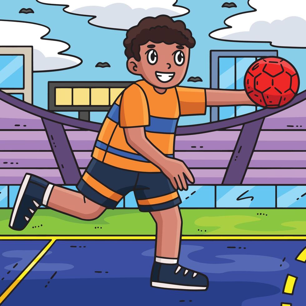 Handball Player Running with Ball Colored Cartoon vector