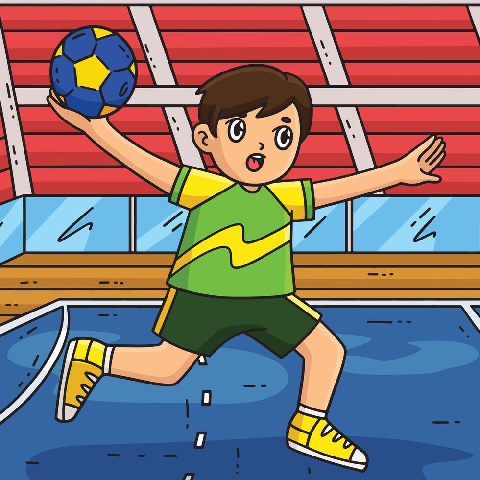 Handball Player doing a Jump Shot Colored Cartoon vector