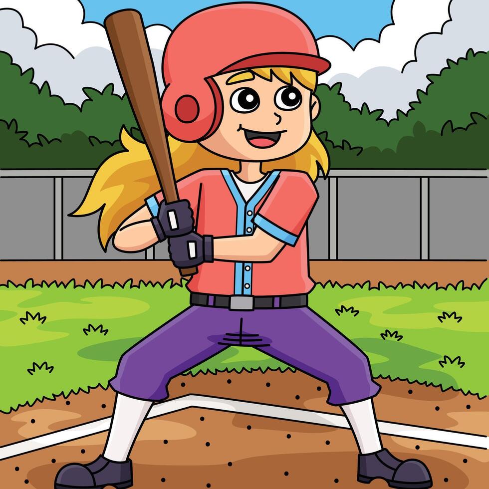 Female Baseball Batter Colored Cartoon vector