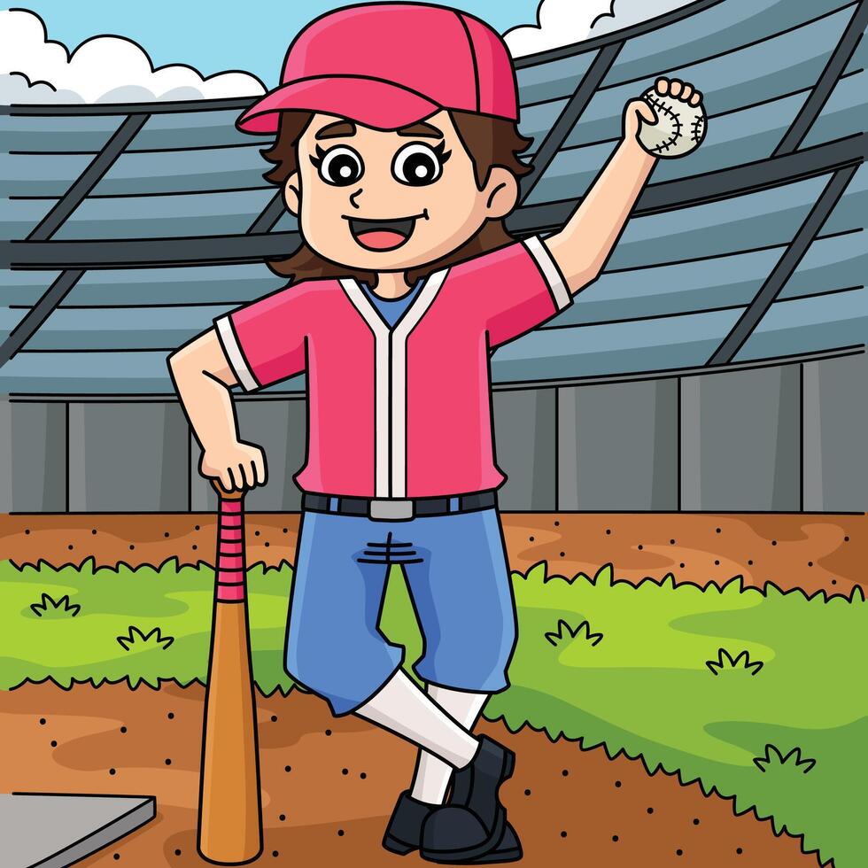 Female Baseball Player Colored Cartoon vector