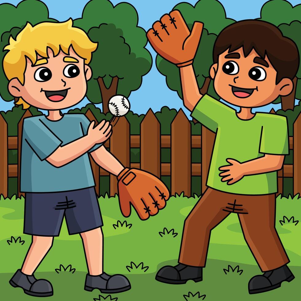 Baseball Kids Playing Catch Ball Colored Cartoon vector