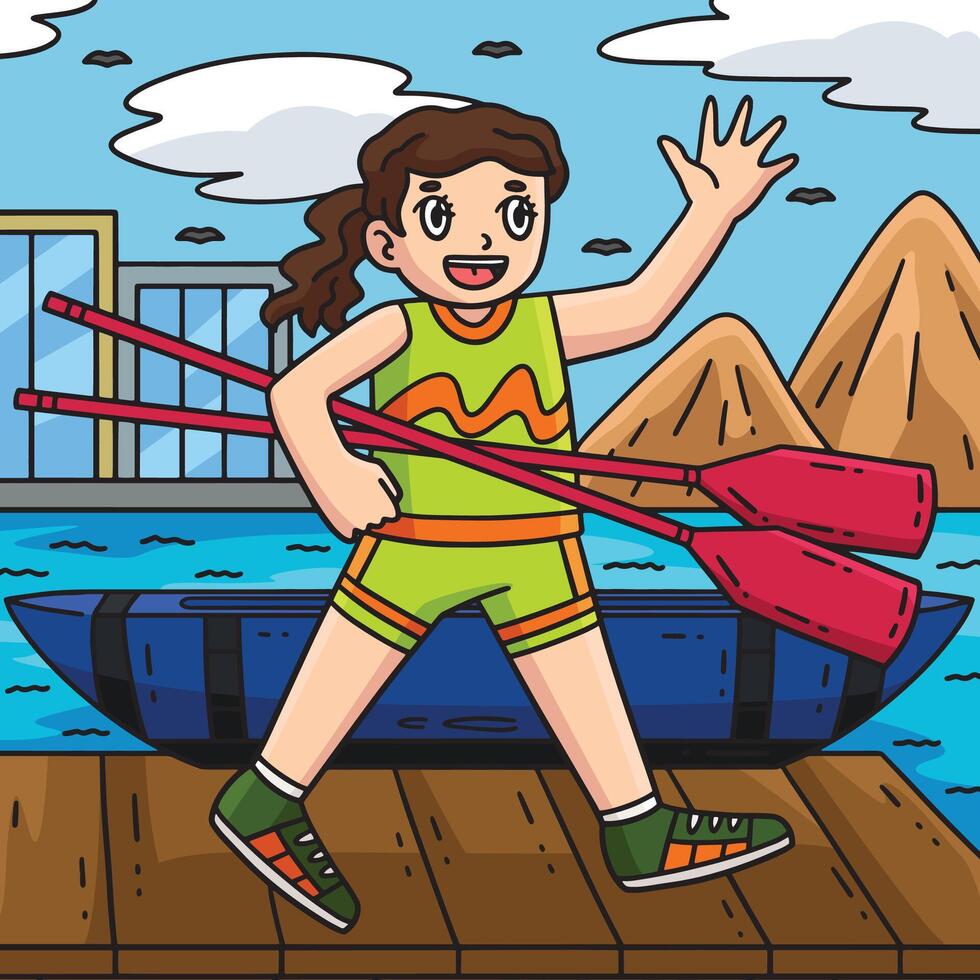 Rowing Oarswoman Carrying Oars Colored Cartoon vector