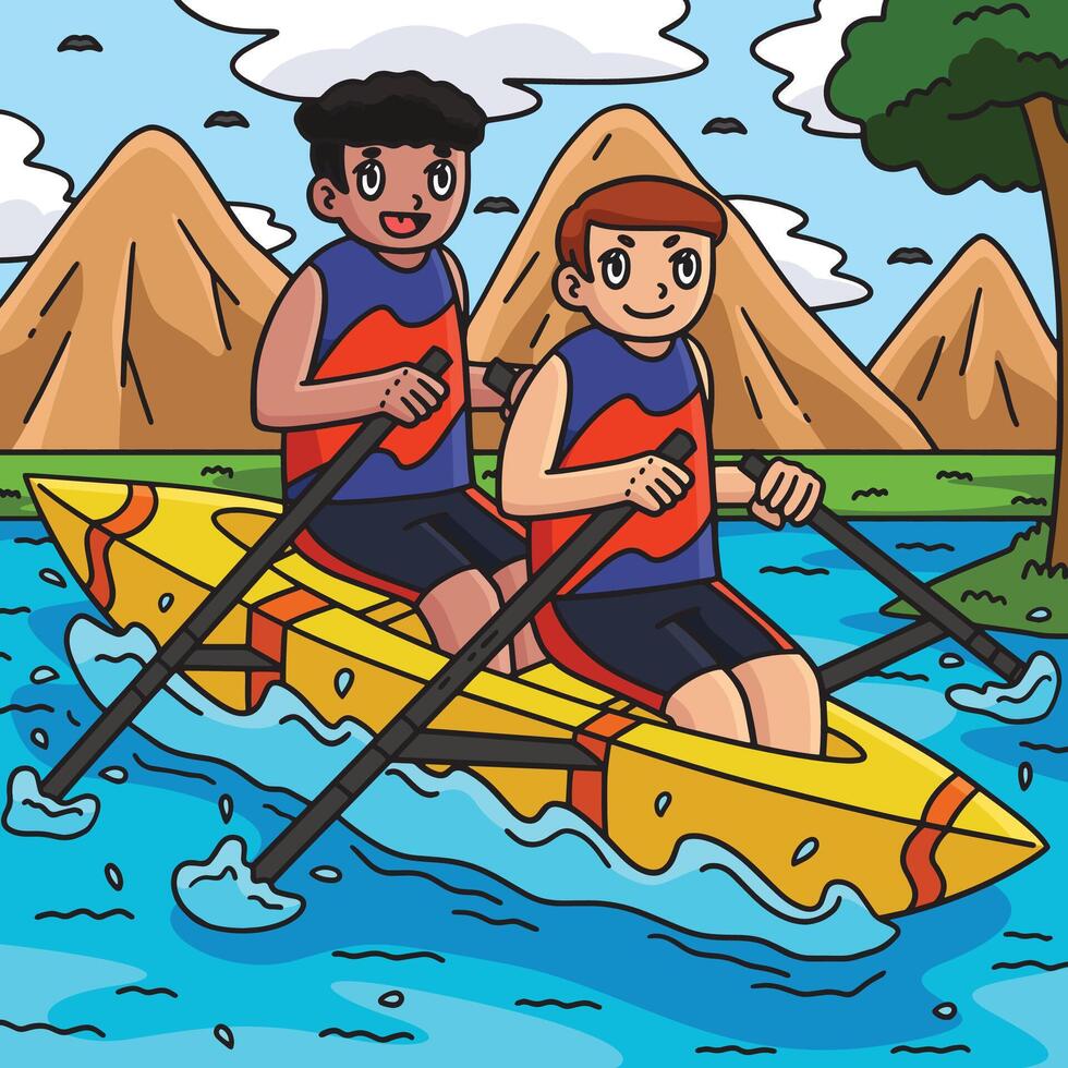 Rowing Pair Oarsmen Colored Cartoon Illustration vector