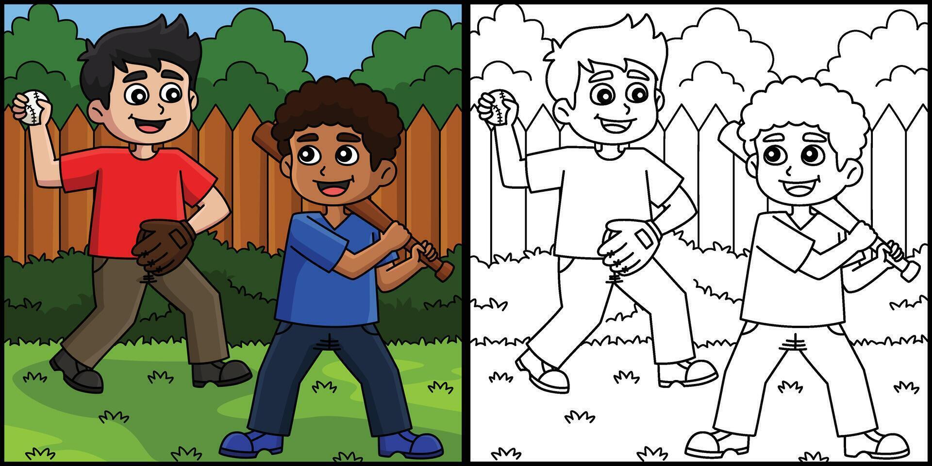 Baseball Kids Playing Coloring Page Illustration vector